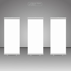 Roll up banner stand. Vector.