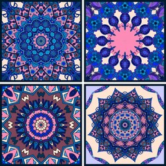 Vector set of beautiful pillowcase or bandana print. Oriental patterns. Flower mandala.