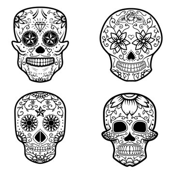 Set of sugar skulls isolated on white background. Day Of The Dea
