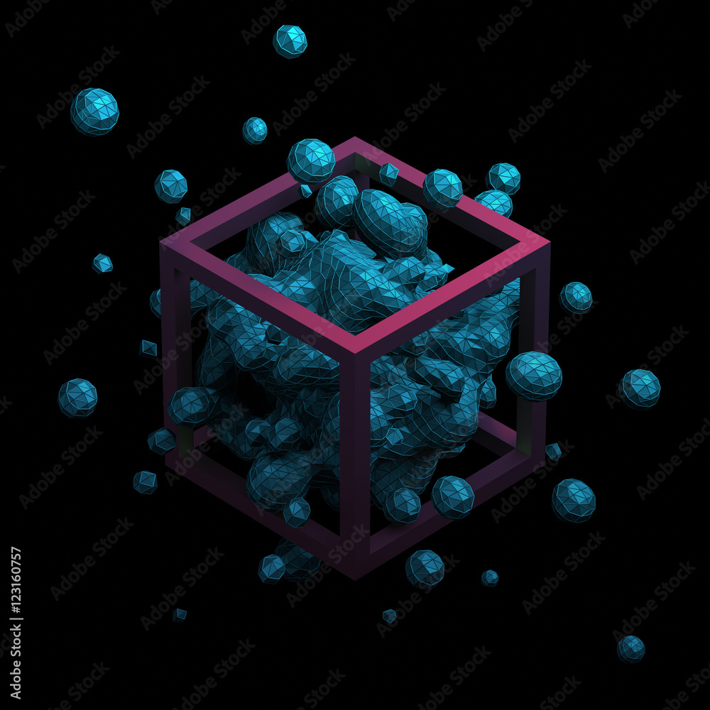 Poster abstract 3d rendering of chaotic low poly liquid in cube. background with dynamic polygonal fluid sp