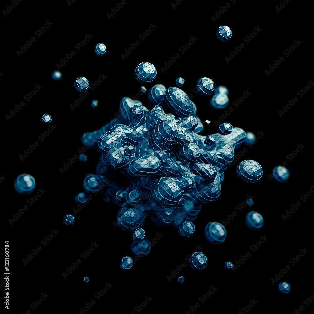 Poster abstract 3d rendering of chaotic low poly liquid. background with dynamic polygonal fluid splash. de