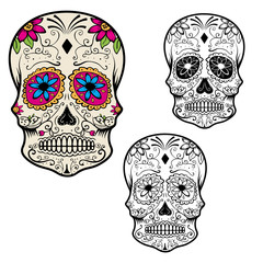 Set of sugar skulls isolated on white background. Day Of The Dea