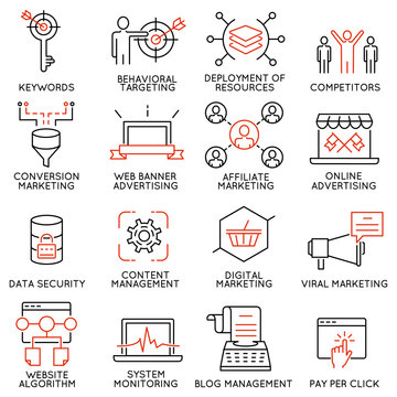 Vector set of 16 icons related to business management, strategy, career progress and business process. Mono line pictograms and infographics design elements - part 45