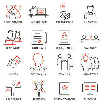 Vector set of 16 icons related to business management, strategy, career progress and business process. Mono line pictograms and infographics design elements - part 46