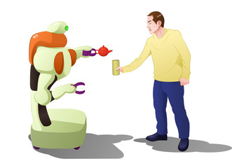 droid robot serving drink to man