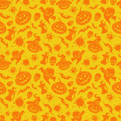 Colorful halloween seamless pattern with pumpkin cat and bats. Vector illustration