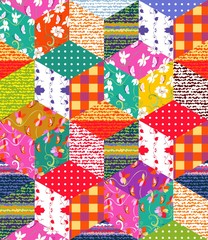 Beautiful multicolor patchwork blanket. Handmade carpet. Scrappy cover. Vector illustration.