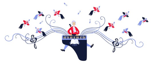 Mozart performed his music on the harpsichord. Cute cartoon vector illustration