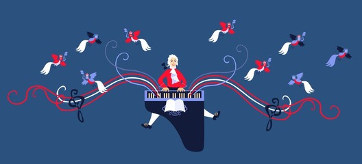 Mozart performed his music on the harpsichord. Cute cartoon vector illustration - obrazy, fototapety, plakaty