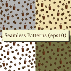 Tea or coffee cups seamless vector patterns set with coffee beans or corns. Cups seamless vector patterns.