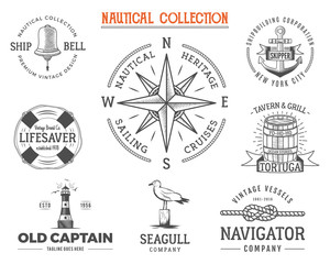 Vintage nautical stamps set. Old ship retro style. Sailing labels, emblems illustration. graphic symbols - rope, wind rose, anchor.  sketch design. Adventure lifestyle