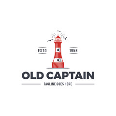 Nautical logo design, icon Old captain emblem with sea elements - lighthouse, seagulls, sunburst. Sailing label or badge. Use for web projects, printing on t-shirt. Isolated white background