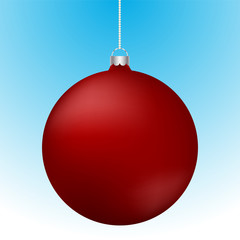 Realistic 3D red christmas ball decoration hanging on white chain. Rounded red ball decoration with reflections on blue to white gradient backdrop.