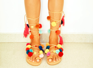 greek leather bohemian sandals with pom pom