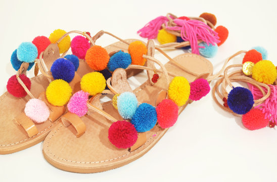 bohemian greek sandals with pom pom - hippie style clothing