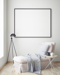 mock up blank poster on the wall of hipster living room, 3D rendering, 3D illustration