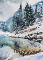 Zima krajobraz z halnym jeziorem i drzewami na wzgórzu odbijał w wodzie. Obraz tworzący z akwarelami. - 123163917