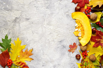 Bright autumn leaves on a grey concrete background.