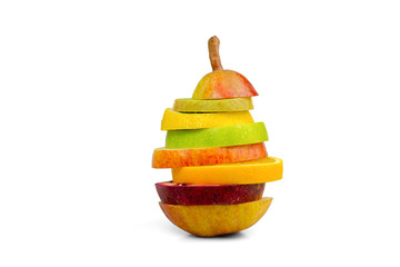 Slices of different fruits stacked in shape of a pear