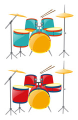 Two sets of drumset in blue and red