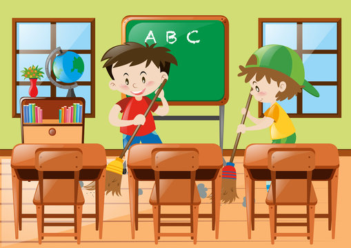 Two boys cleaning the classroom