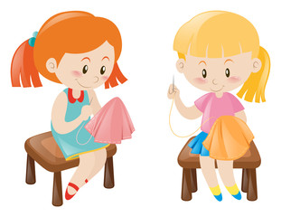 Two girl sewing handkerchief