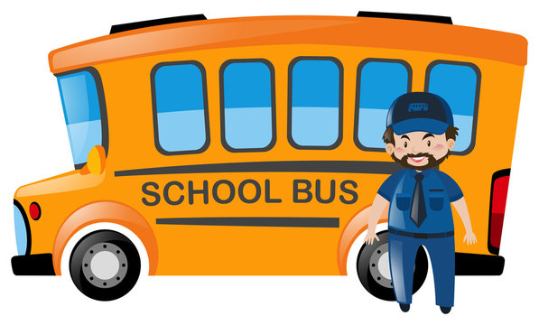 Bus driver standing in front of school bus