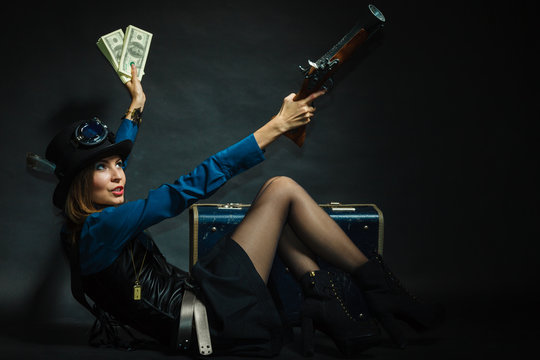 Steampunk girl with cash.