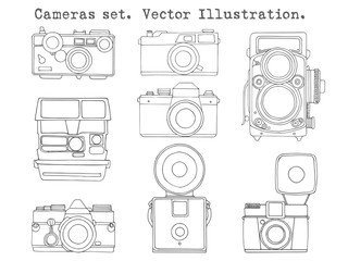 Retro camera set. Hand drawn vintage photocameras set in simple style. Vector illustration.