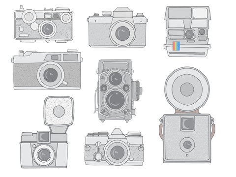 Retro camera set. Hand drawn vintage photocameras set in simple style. Vector illustration.