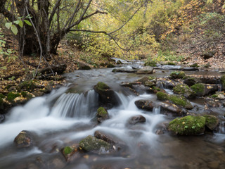 Water flowing down the river in a long exposure during the day