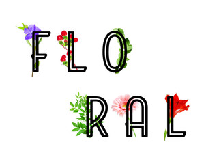 Text FLORAL with different beautiful flowers