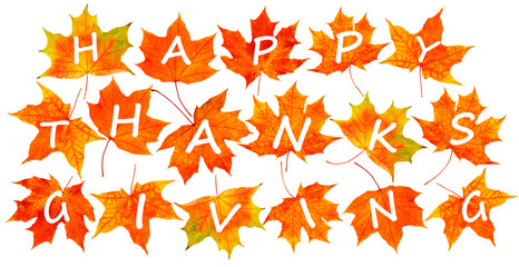Fototapeta premium Happy Thanksgiving Day. Autumn leaves with text isolated on white