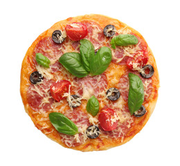 Tasty pizza with olives and basil, isolated on white