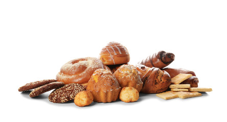 Assortment of sweet tasty pastries isolated on white