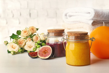 Spa concept. Homemade masks with natural ingredients on white table