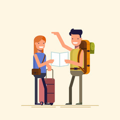Two travelers are choosing a route map. A guy and a girl can not decide where to spend a holiday or weekend. Difficult choice. The family during the holidays. Vector illustration in a flat style.
