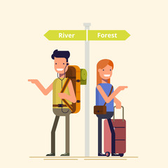 Two travelers are choosing the route next to the pointer. A guy and a girl can not decide where to spend a holiday or weekend. Difficult choice. The family during the holidays. Flat illustration.