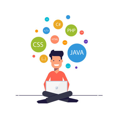 Man sitting with a laptop on his feet and has been programming. Freelancer is developing an application or website. The study of computer technology. Banner for training or webinars.