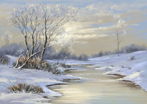 Digital painting landscape winter