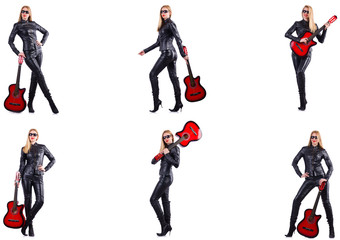 Young woman playing guitar isolated on white