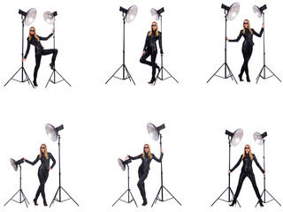 Collage of woman during photo shoot isolated on white