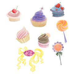Colorful cupcakes, candies and lollipops drawn by watercolor, pencil, isolated on white background