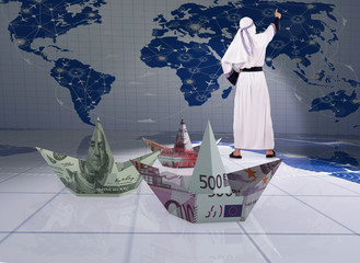 Arab man and paper dollar euro boats