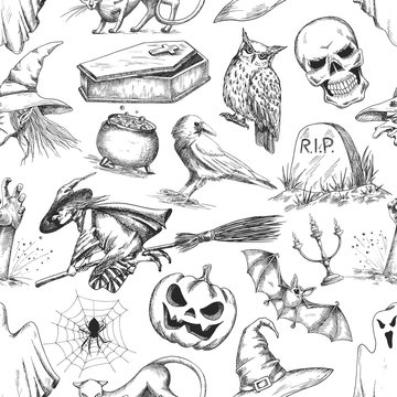 Halloween party symbols pencil sketch pattern