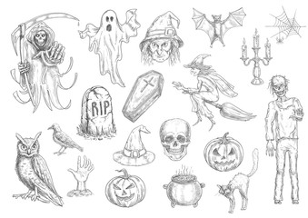 Halloween holiday creepy and horror sketch symbols