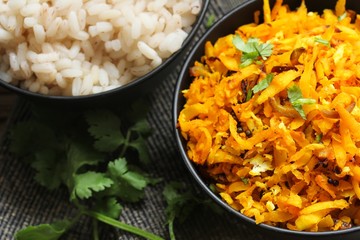 Papaya stir fry with turmeric, selective focus