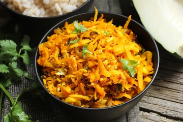 Papaya stir fry with turmeric, selective focus