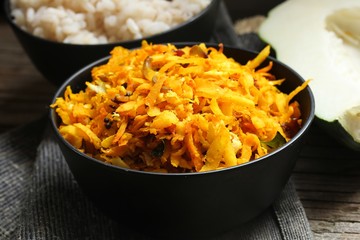 Papaya stir fry with turmeric, selective focus