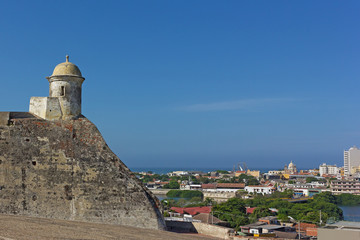 Tower on the top of San Felipe de Barajas fortress in Cartagena, Colombia. Historic fortress locates on the hill overlooking the walled city.